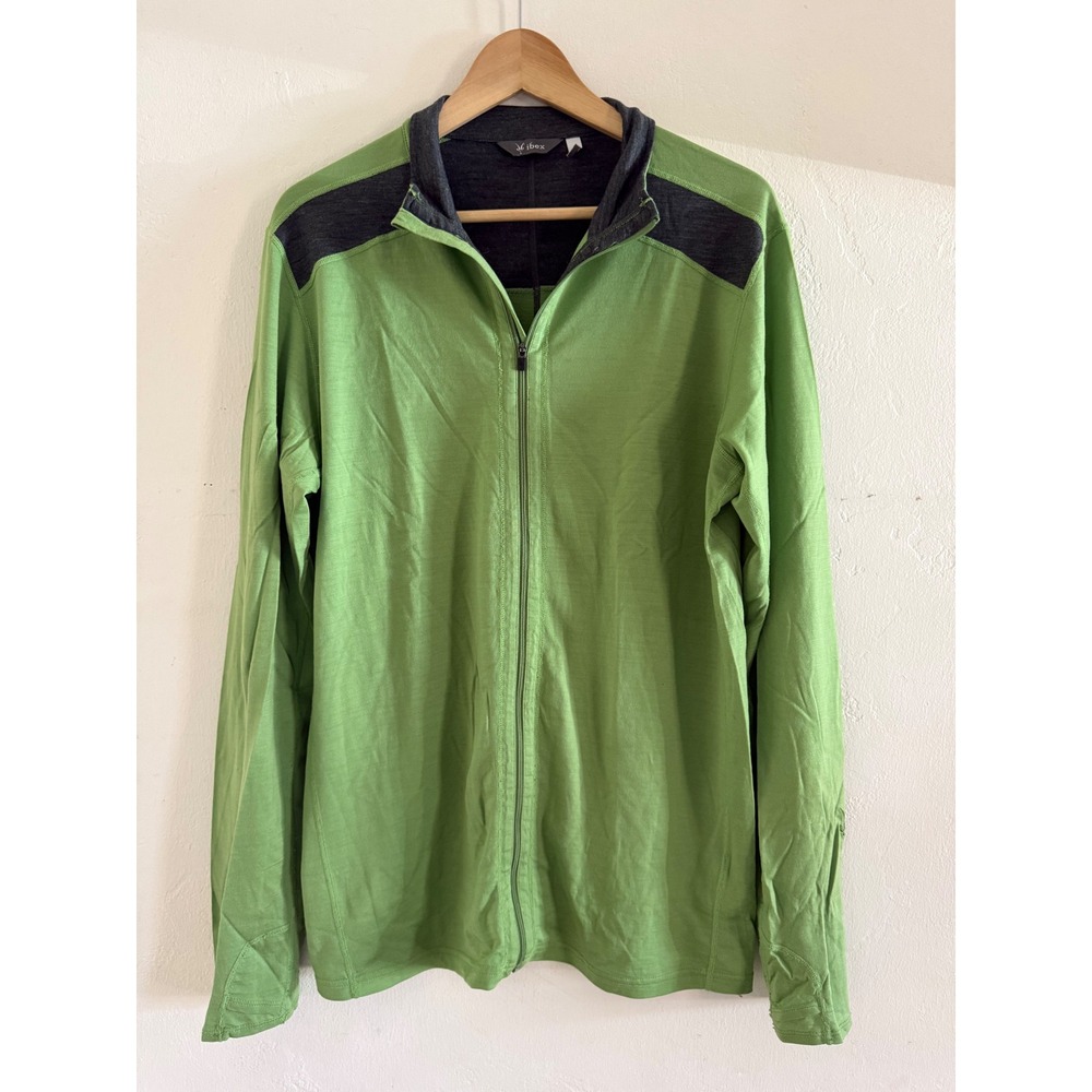 Ibex Mens Merino Wool Full Zip Jacket Green Charcoal Grey Thumbholes Large